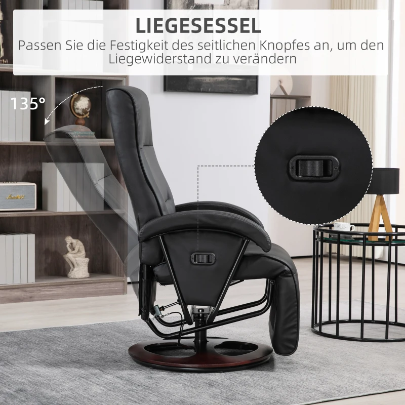 HOMCOM Draaibare Gestoffeerde Stoel, Kunstleer, Voetensteun, Houten Basis, Kantelbaar, Zwart(m-4)