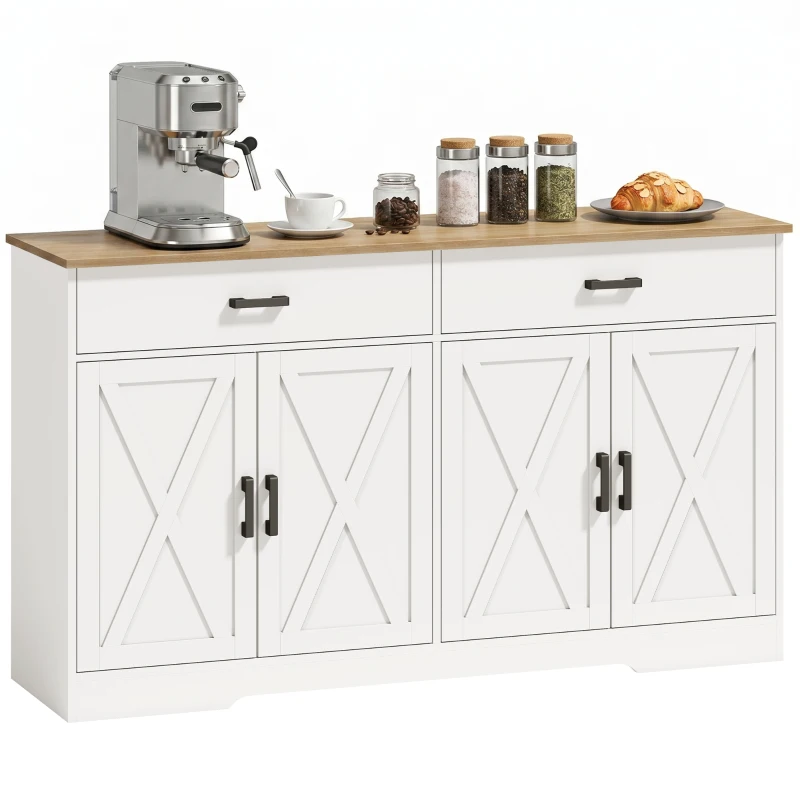 HOMCOM Sideboard Buffet Schrank, 140 cm Farmhaus Küchen-Schrank mit 2 Schubladen und 2 Schränken, Weiß