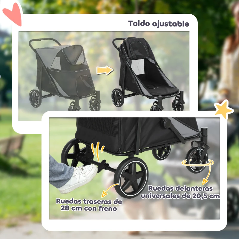 PawHut Cochecito Plegable para Perros Carrito de Mascotas con Ventanas de Malla Correas de Seguridad 112x67x100 cm Gris y Negro