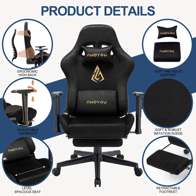 Sedia da gaming con poggiapiedi, in similpelle scamosciata traspirante, regolabile in altezza con pistone a gas, girevole, 70x70x135 cm, Nero