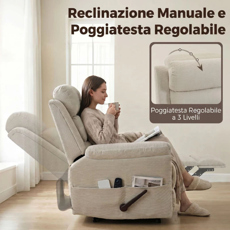 HOMCOM Poltrona Massaggiante Reclinabile Manuale 135° Riscaldante, Poggiatesta Regolabile 3 Livelli, Ciniglia, Crema