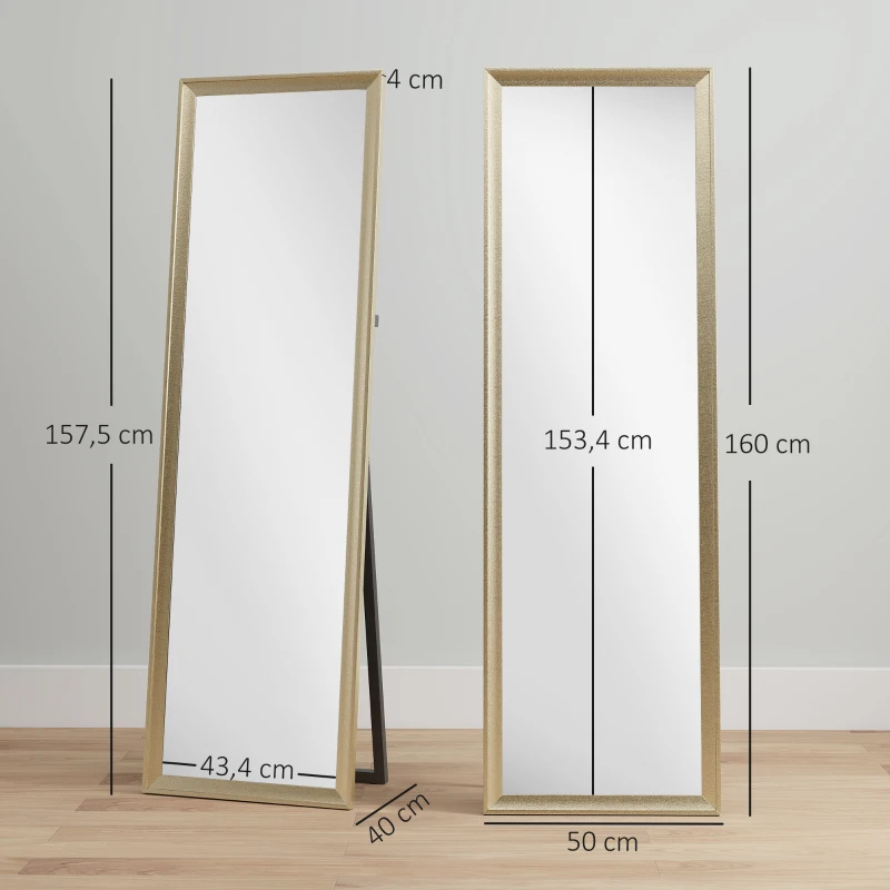 HOMCOM Staande Spiegel, flexibel plaatsbaar, 160 x 50 cm, Goudtint