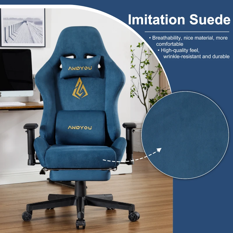 Sedia da gaming con poggiapiedi, in similpelle scamosciata traspirante, regolabile in altezza con pistone a gas, girevole, 70x70x135 cm, Blu