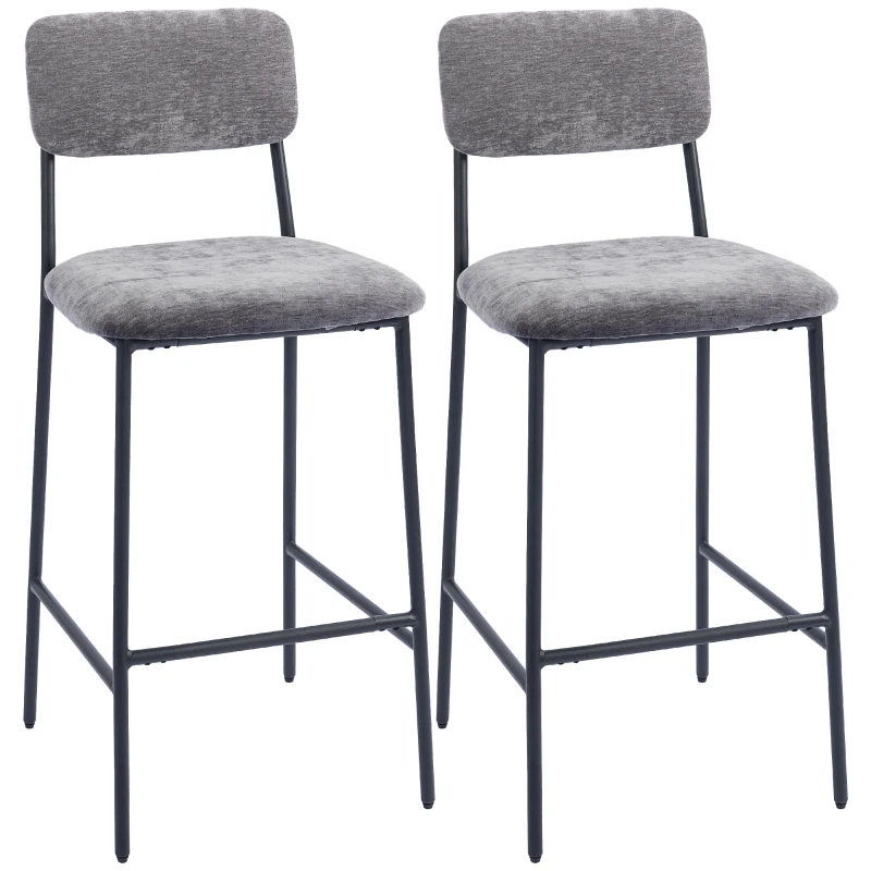 HOMCOM Set van 2 barkrukken, gepolsterde hoge stoelen voor keukentafel en huisbar, rugleuning, voetsteun, stofbekleding, staal, grijs