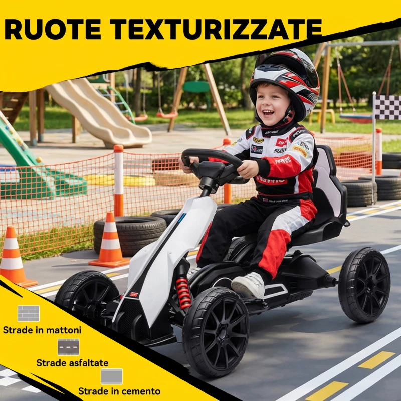 HOMCOM Go Kart Elettrico per Bambini 3-8 Anni, 12V 3-5 km/h, con Cintura di Sicurezza, Capacità 30 kg, Bianco