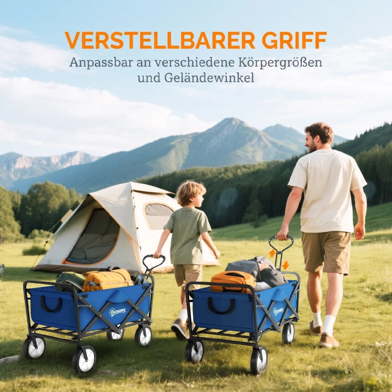 Outsunny Bollerwagen Handwagen mit faltbar Bremsen Verstellbarem Griff 68 KG Belastbar für Garten Einkauf Shopping