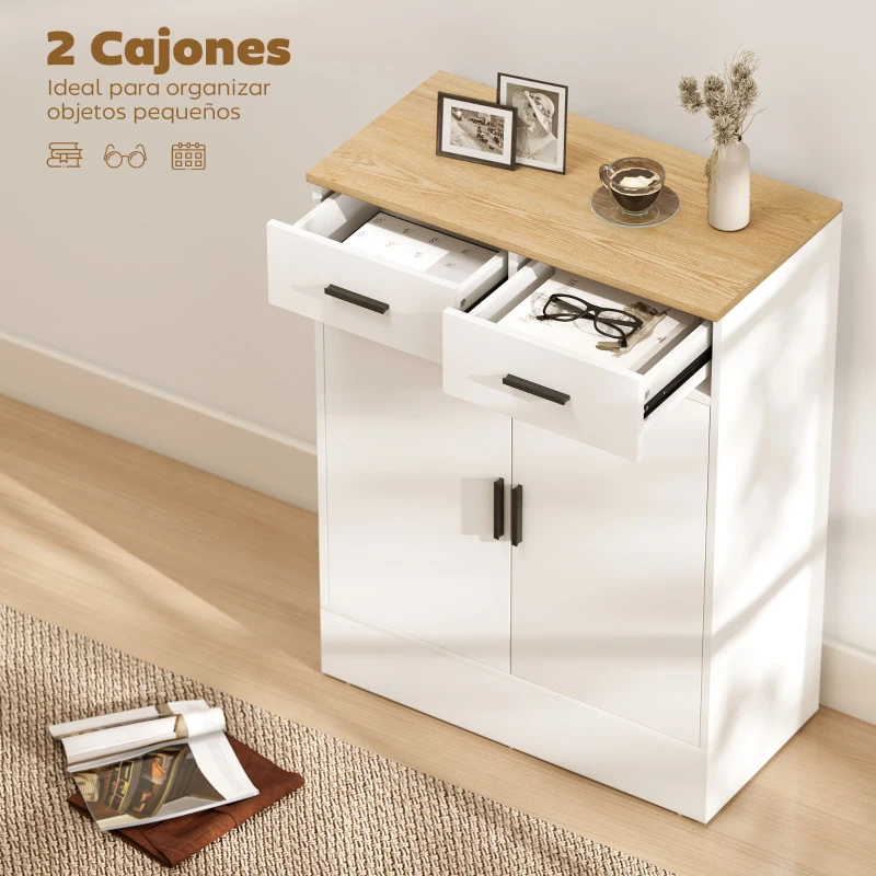 HOMCOM Aparador de Salón con 2 Puertas 2 Cajones y Estantes Ajustables para Cocina Entrada Dormitorio 68,6x35x90,3 cm Blanco