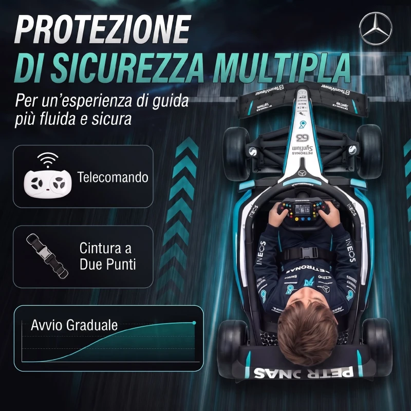 AIYAPLAY Go-kart elettrico Mercedes-AMG F1 con telecomando e sospensioni posteriori