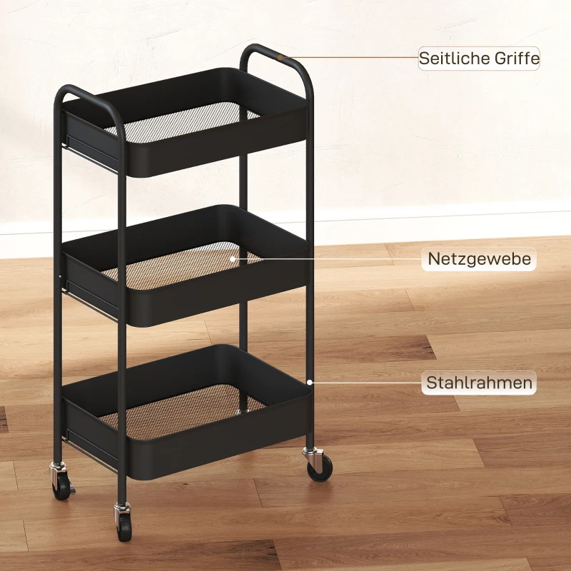 HOMCOM Multifunctionele wagen Rollwagen Keukenwagen, 3 planken, 4 wielen, 45 cm x 30,6 cm x 79 cm, zwart
