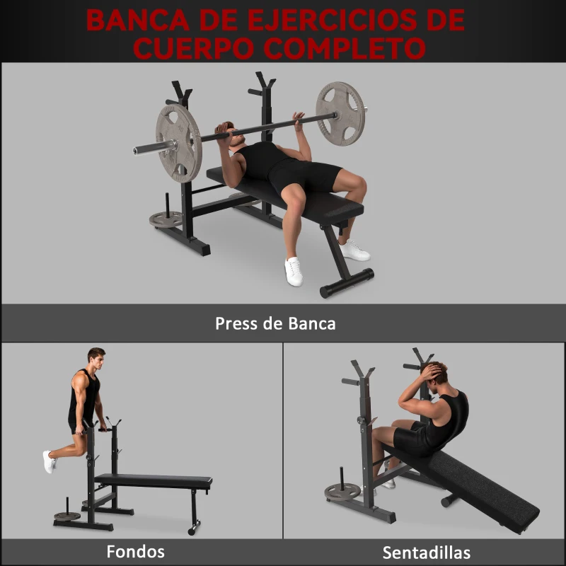 HOMCOM Banco de Musculación con Soporte para Barra y Estación de Dips Carga 220 kg para Entrenamiento en Casa Gimnasio