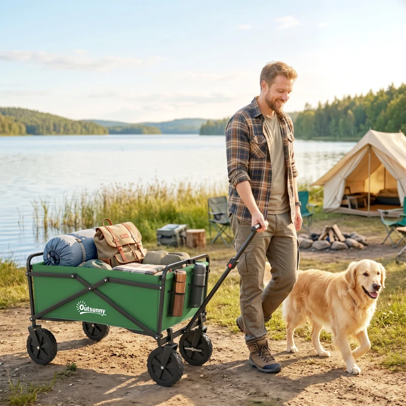 Outsunny Carro Plegable Carretilla de Transporte con Mango Ajustable Rueda Universal Freno para Jardín Camping Marco Acero Carga 40 kg 83x50x69-99 cm
