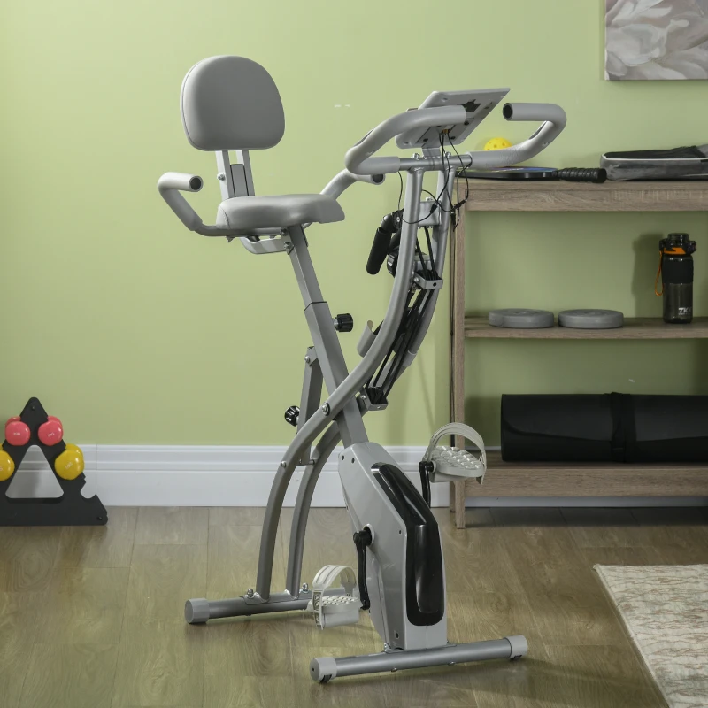 HOMCOM Cyclette Pieghevole 2 in 1, Resistenza Magnetica Regolabile 8 Livelli, Bici da Fitness con Sensore di Frequenza Cardiaca, Elastici per Braccia, Schermo LCD, Volano 2.5kg, Grigio