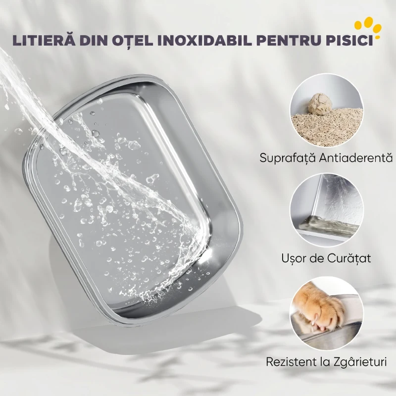 PawHut Litieră pentru Pisici Închisă din Oțel Inoxidabil XL cu Capac Detașabil
