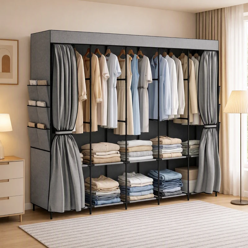 HOMCOM Dulap textil cu 5 bare 5 rafturi 6 buzunare laterale Cremallera Marco de Acero 212x45x167 cm Gris