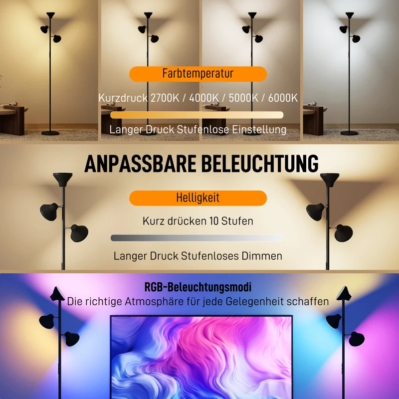HOMCOM Dimbare vloerlamp met leeslamp, vloerlamp RGB kleurwissel met afstandsbediening touchbediening 3 draaibare koppen Zwart