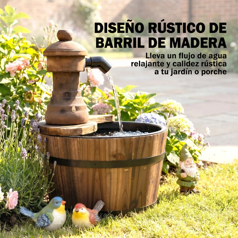 Outsunny Fuente de Jardín de Madera en Cascada con Bomba Eléctrica y Salida de Agua Ajustable 27x27x37 cm Natural