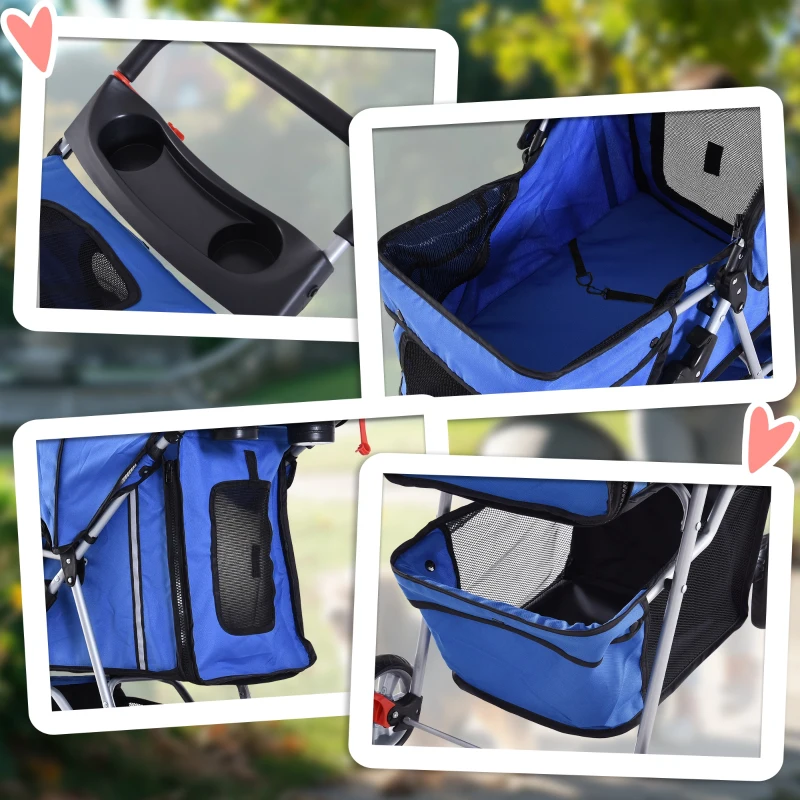PawHut Carrito para Perros Pequeños con Cesta de Almacenaje Ventanas de Malla y 2 Ruedas Universales 75x45x97 cm Azul