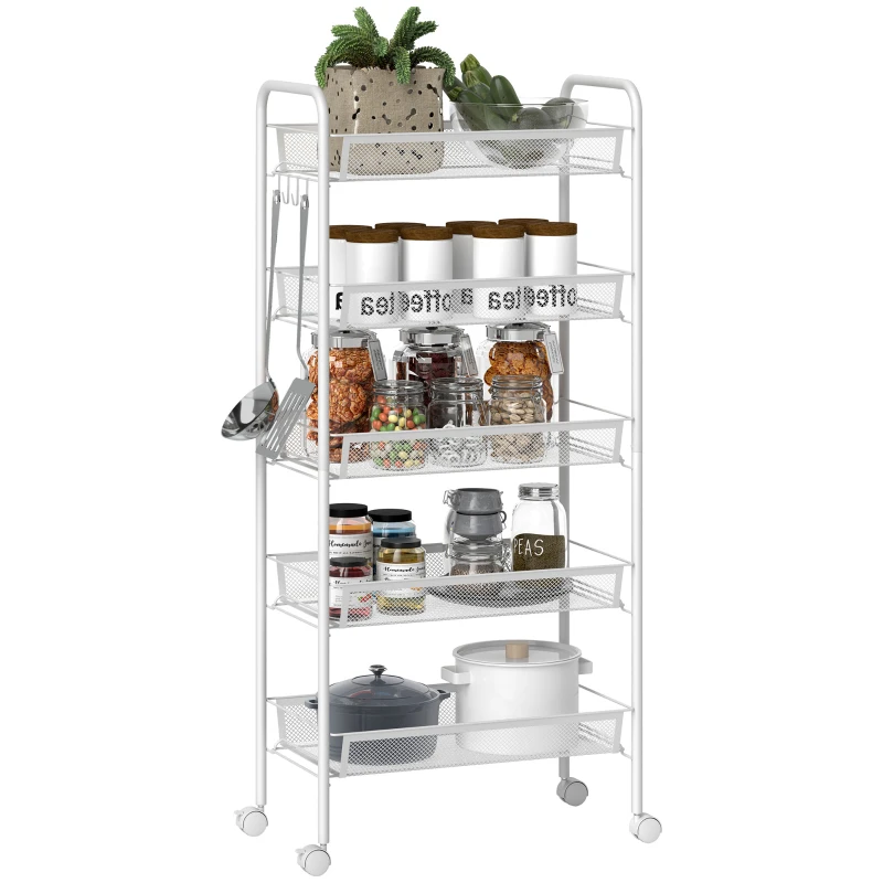 HOMCOM Keukentrolley met 5 draadmanden, 4 haken, 4 wielen, 2 handgrepen, staal/kunststof, 45x26,5x106 cm, wit