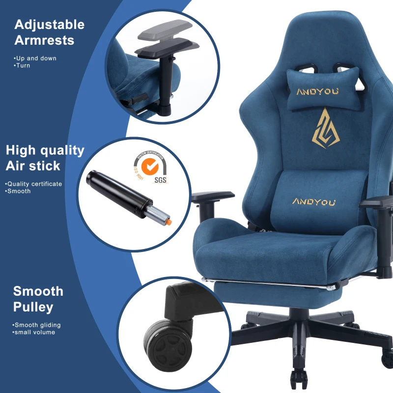 Sedia da gaming con poggiapiedi, in similpelle scamosciata traspirante, regolabile in altezza con pistone a gas, girevole, 70x70x135 cm, Blu