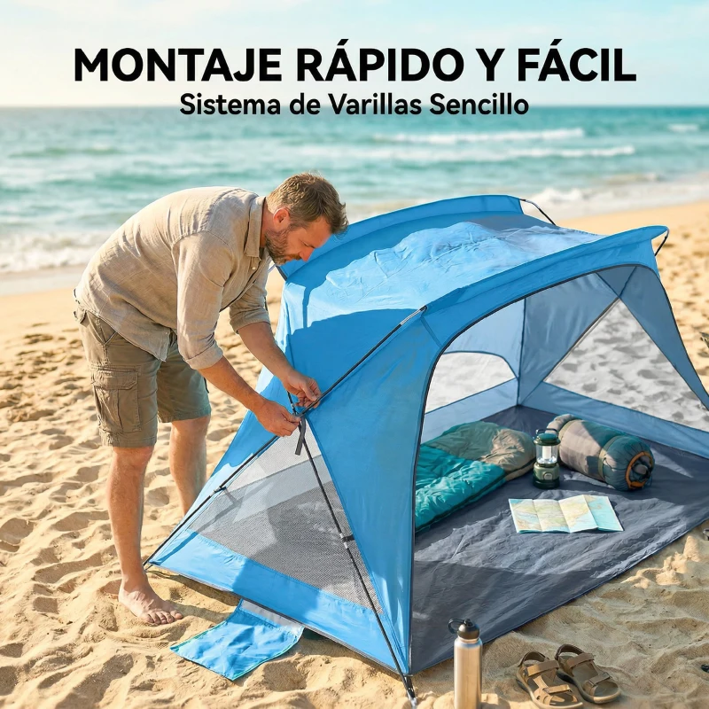 Outsunny Carpa de Playa para 2-3 Personas con Sacos de Arena, Puerta, Ventanas, UPF30+ Bolsa de Transporte Bolsillo Azul Cielo