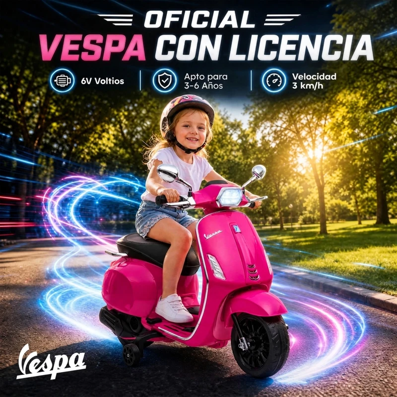 AIYAPLAY Moto Eléctrica para Niños de +3 Años con Licencia Vespa con USB MP3 Luz LED Radio FM Velocidad 3 km/h Carga 35kg Rosa
