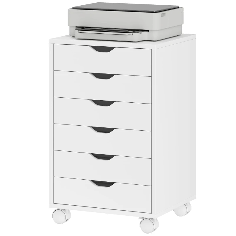 HOMCOM 6 Drawer Vertical File Cabinet, Mobile Filing Cabinet with Quiet Drawers and Wheels with 2 Brakes, White