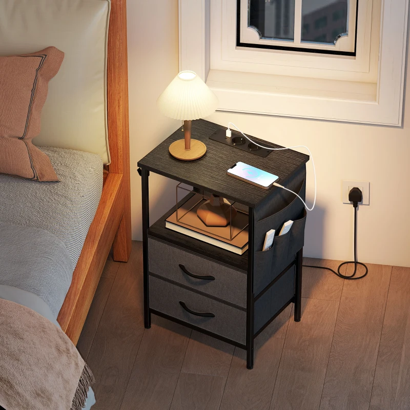 HOMCOM Salontafel/zijtafel met laadstation, stalen frame, USB-C-porten, lades, haken, 40cm x 30cm x 60cm Zwart