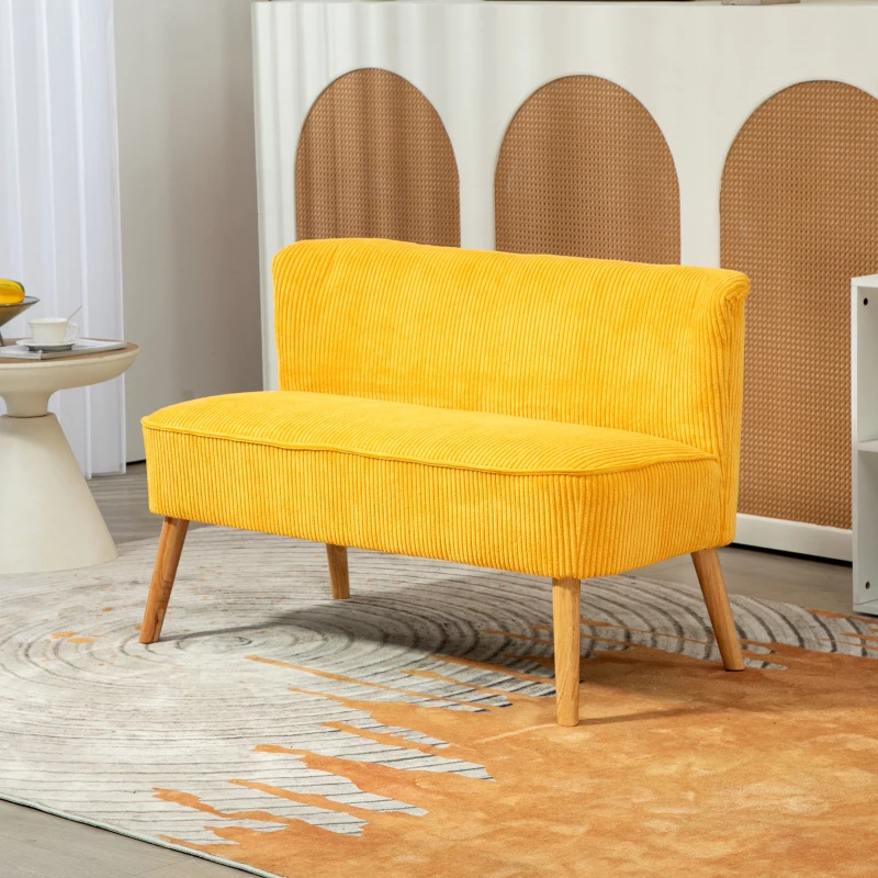 HOMCOM Zweisitzer-Sofa, elegantes Skandi Design, massiver Holzrahmen, bis 150 kg, 117 x 56,5 x 77 cm, Gelb(m-11)
