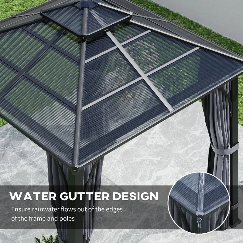 Outsunny 3 x 3(m) Hardtop Gazebo Canopy with 7mm Polycarbonate Double-Tier Roof, Garden Gazebo Permanent Pavilion with Mosquito Netting and Curtains for Patio, Terrace, Dark Grey