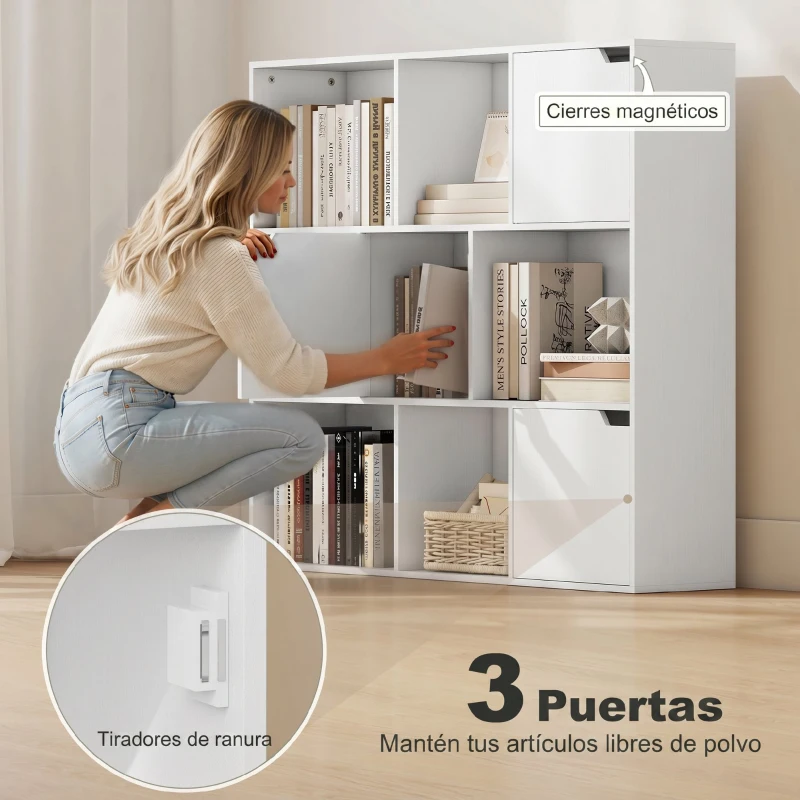 HOMCOM Librería de 3 Niveles con 9 Cubos 3 Puertas y 6 Compartimentos Abiertos 106x24x95 cm Blanco