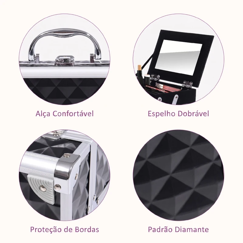 HOMCOM Estojo de Maquilhagem Organizador Cosméticos Profissional Portátil com Fecho e Vários Compartimentos 20x15x15 cm, Preto