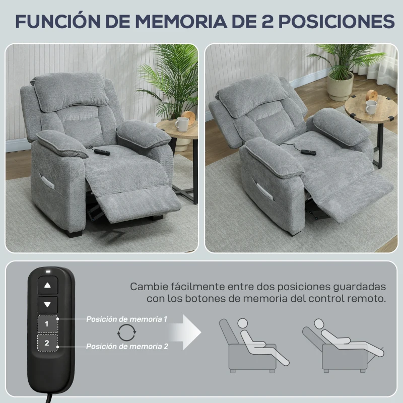 HOMCOM Sillón Relax Reclinable Eléctrico Motor Silencioso 2 Posiciones Memoria Reposapiés Reposacabezas Puerto USB y Bolsillos