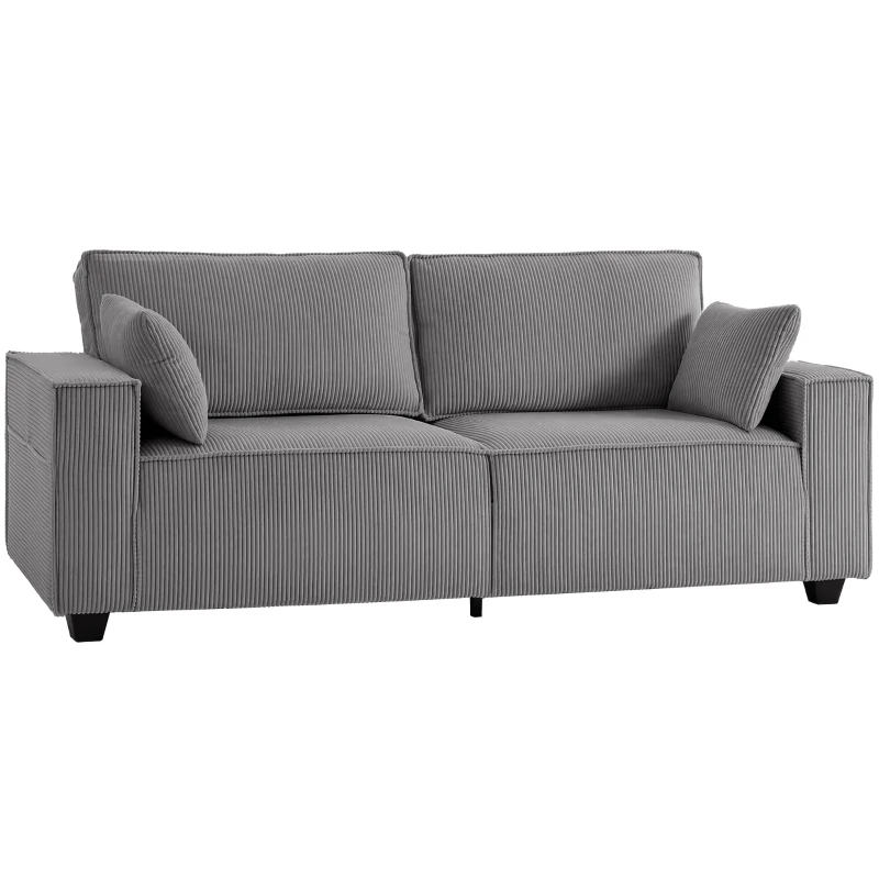 HOMCOM 218 cm 3-Sitzer Sofa, modernes Cord-Sofa mit Taschenfeder-Polsterung, breiten Armlehnen und 2 Kissen, hellgrau