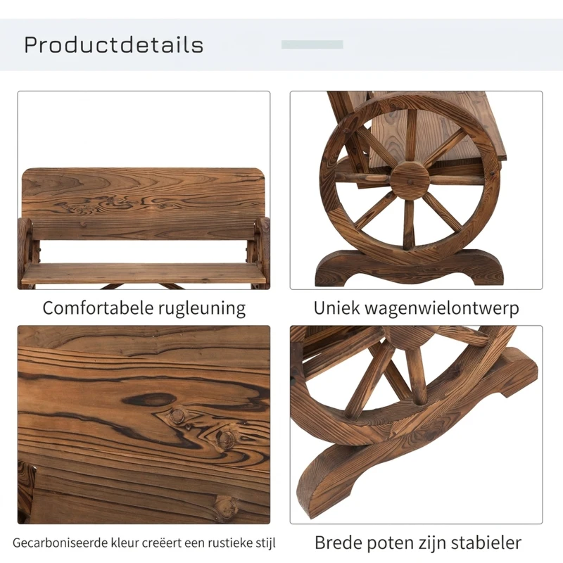 Outsunny Tuinbank bank tuinmeubelen armleuning wagen wielen design massief hout bruin