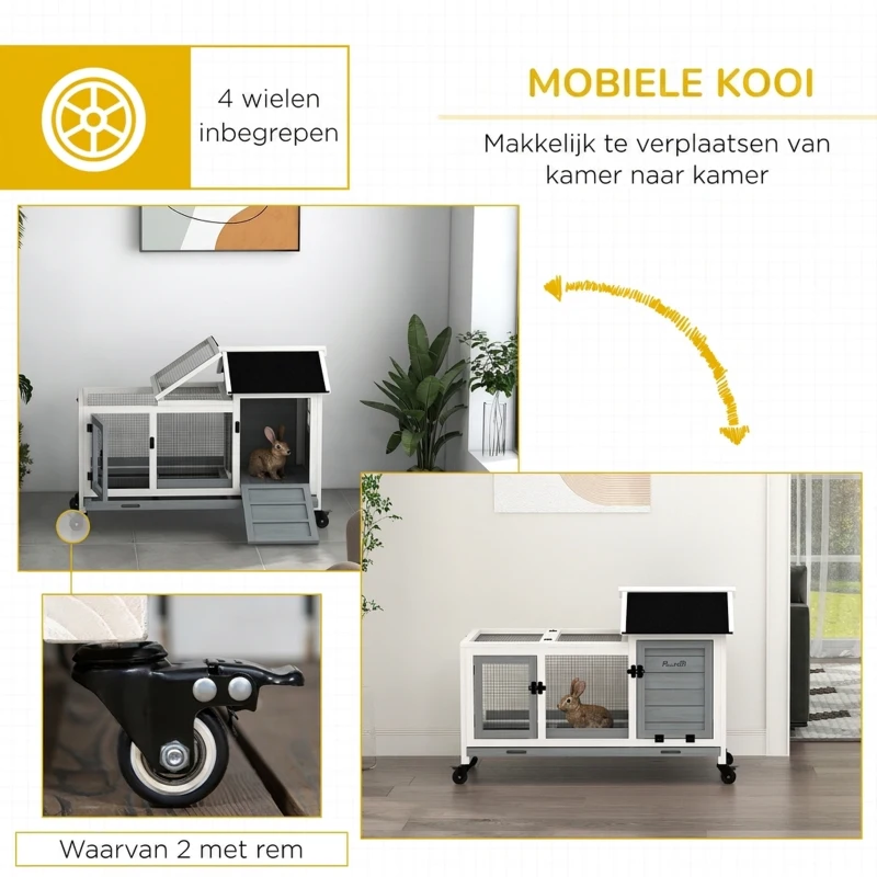 PawHut Konijnenhok, Kleine Dierenhok voor Dwergkonijnen, Cavia's, met Wielen, 108 x 58 x 73,5 cm, Grijs(m-6)