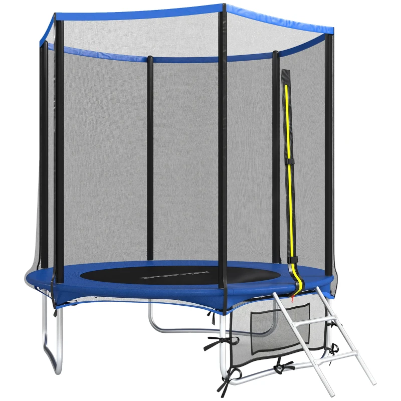 SPORTNOW Cama Elástica Exterior Ø183 cm Trampolín para Niños de +6 Años Adultos con Red de Seguridad Escalera de 2 Peldaños Azul