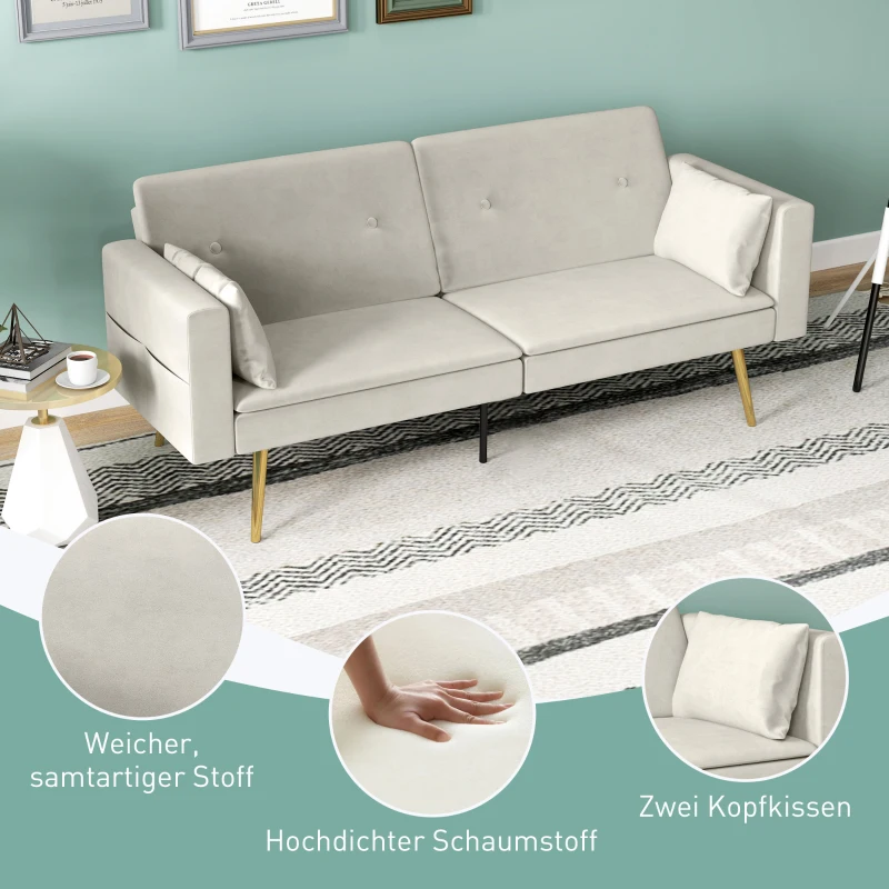 HOMCOM Tweezits Bedbank, Verstelbare Rugleuning, Zachte Kussens, Fluweelachtige Bekleding, voor Woonkamer, Gastenkamer, Beige