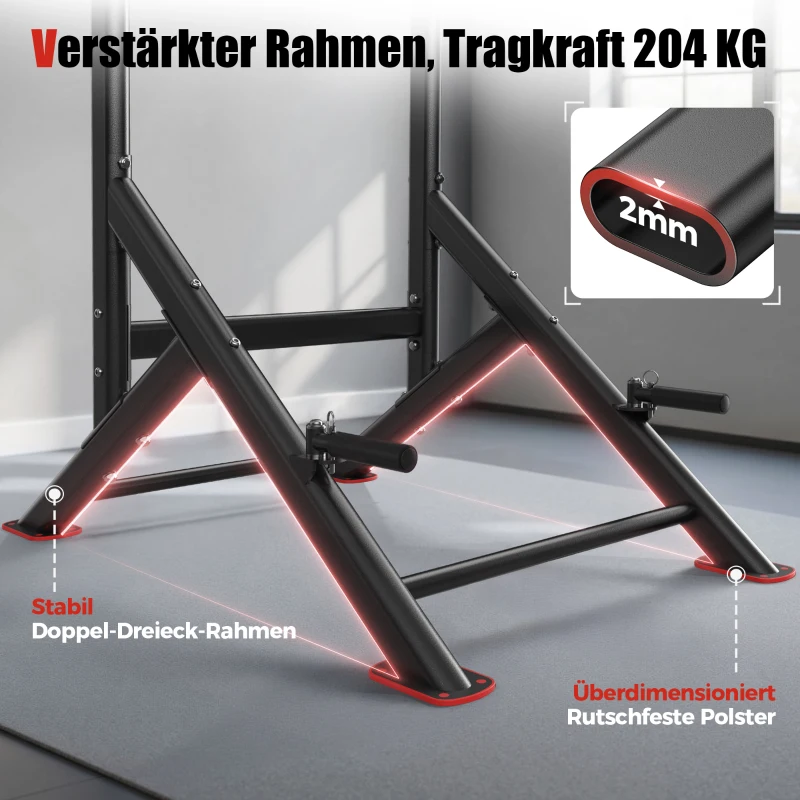 Power Tower Stazione per Dip, Barra per Trazioni, base a doppio triangolo, multifunzionale, 107,4x81,3x235 cm, Nero