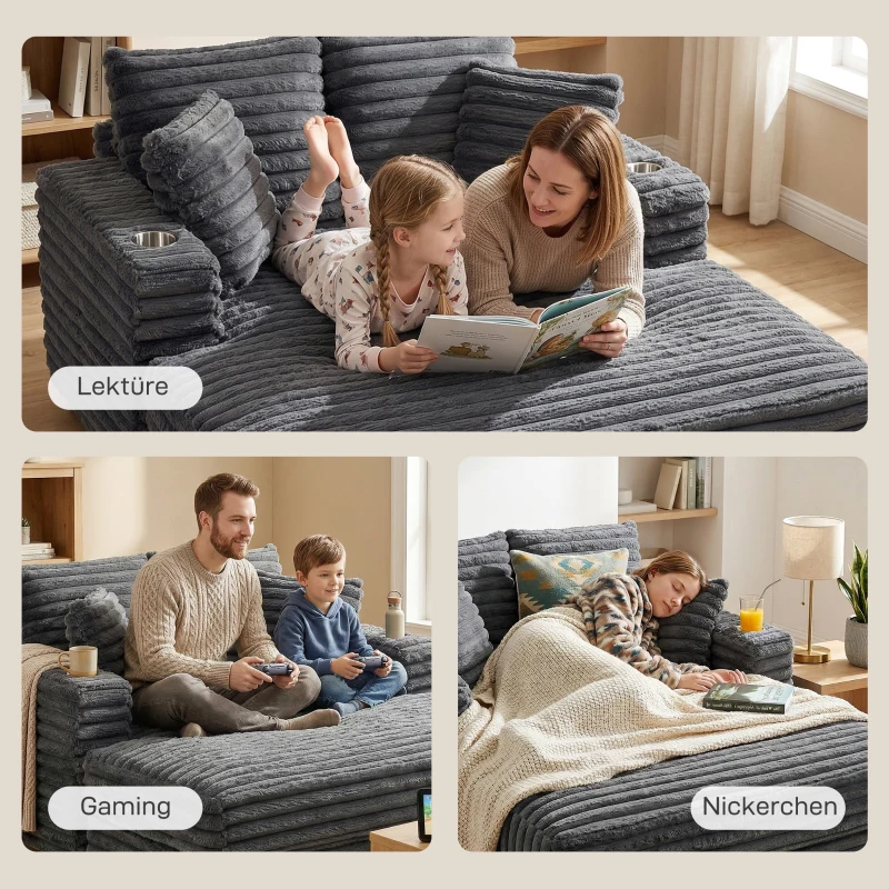 HOMCOM Chaiselongue 2-zits grote slaapbank 134 x 151 cm met bekerhouder voor woonkamer, grijs