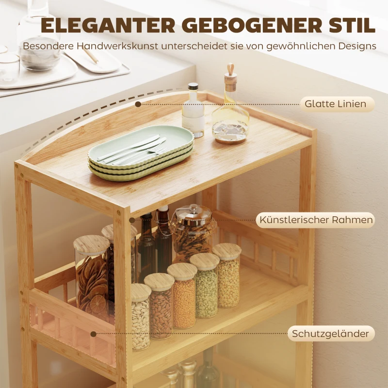 HOMCOM Keukenwagen met 3 niveaus, Serveerwagen met opbergruimte, Keukenrek op wielen, voor keuken, badkamer, kantoor, Natuurlijk hout