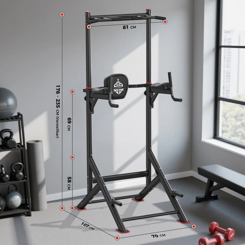 Power Tower Stazione per Dip, Barra per Trazioni, base a doppio triangolo, multifunzionale, 107,4x81,3x235 cm, Nero