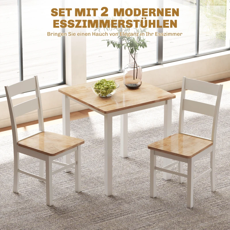 HOMCOM Set van 2 Keukenstoelen, Rubberhout, Gebogen Lattenrugleuning, Wit