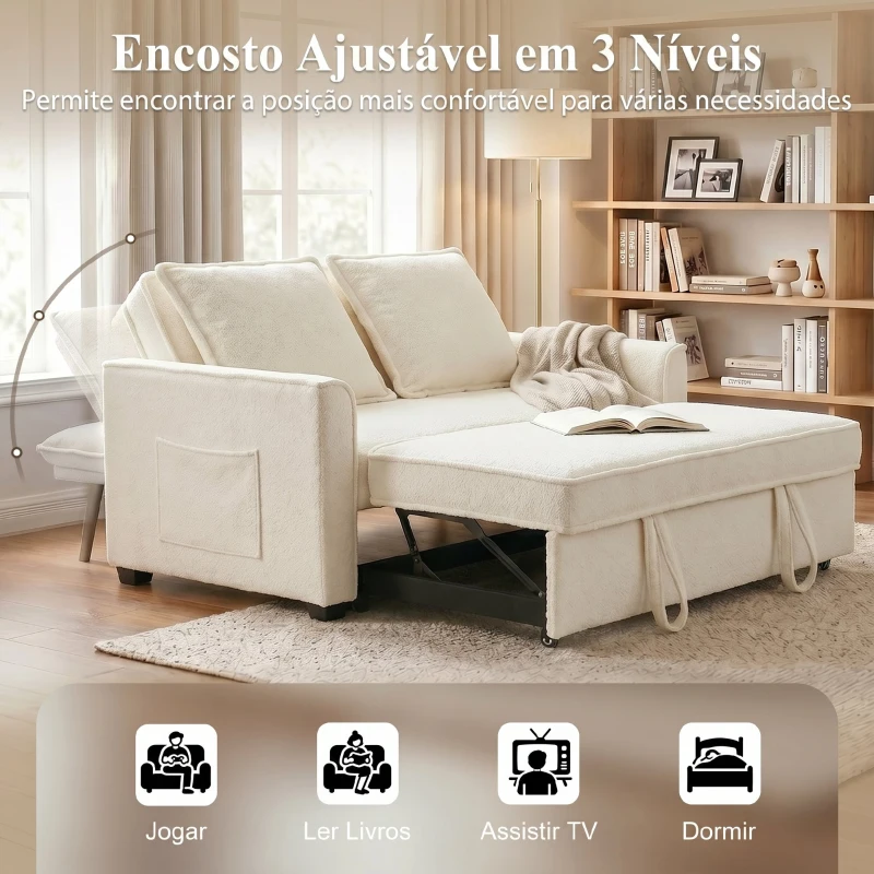 HOMCOM Sofá-Cama 2 Lugares 3 em 1 com Encosto Ajustável Bolsos Laterais 2 Almofadas para Sala Creme