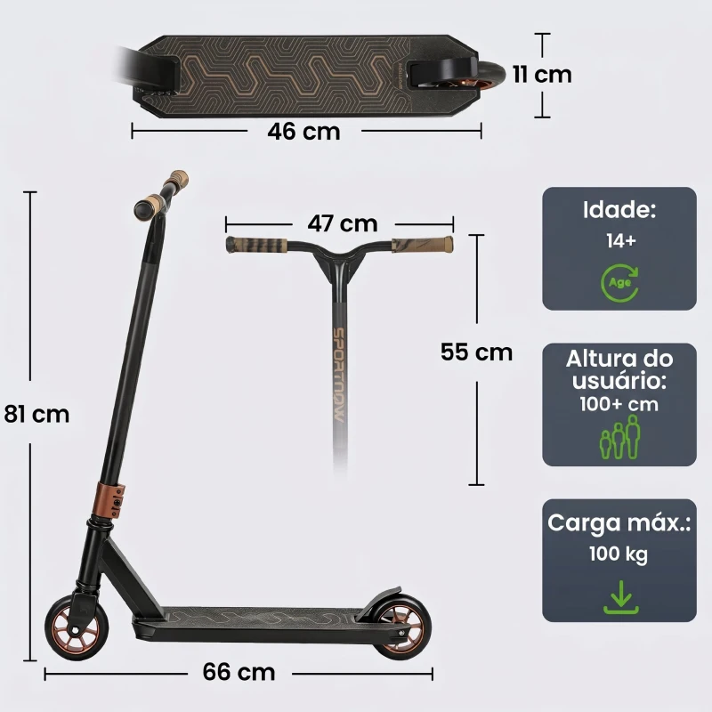 SPORTNOW Trotinete Acrobática com Guiador 360° Rolamentos ABEC-9 Rodas de PU de 120 mm Estrutura de Alumínio 66x47x81 cm Dourado