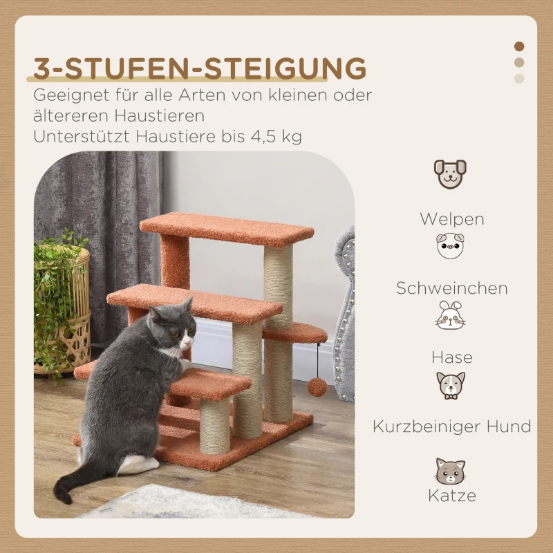 PawHut Kratzbaum, Haustiertreppe, 3 Stufen, Spielball, bis 5 kg, 45x40x48cm, Braun