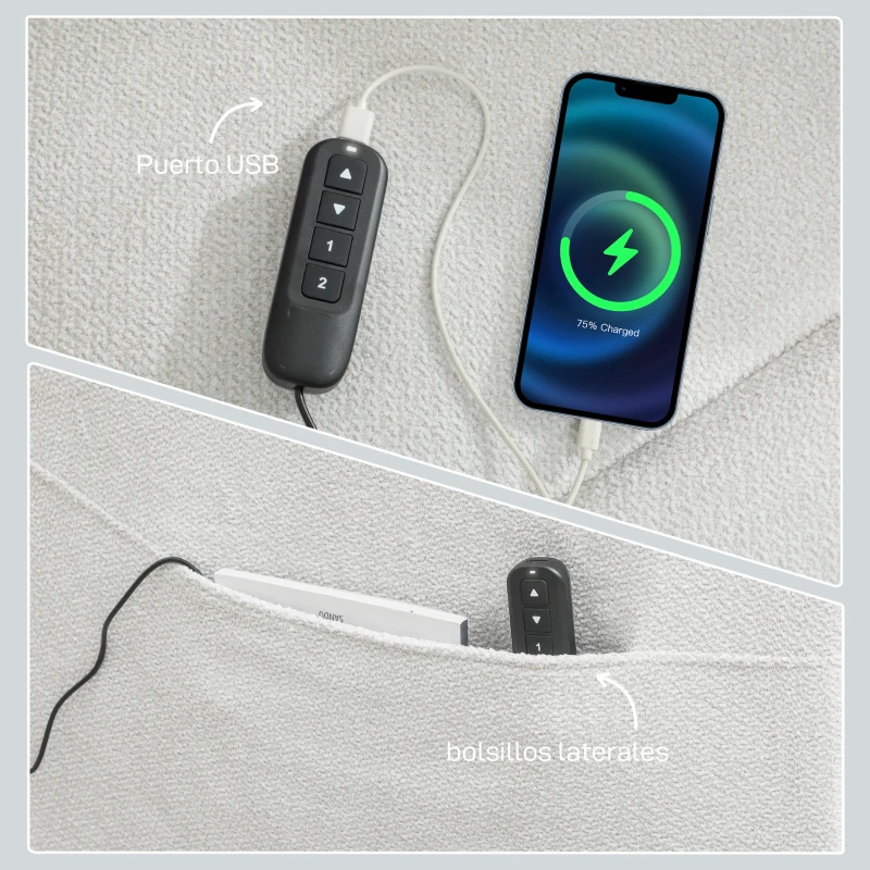 HOMCOM Sillón Relax Reclinable Eléctrico Motor Silencioso 2 Posiciones Memoria Reposapiés Reposacabezas Puerto USB y Bolsillos