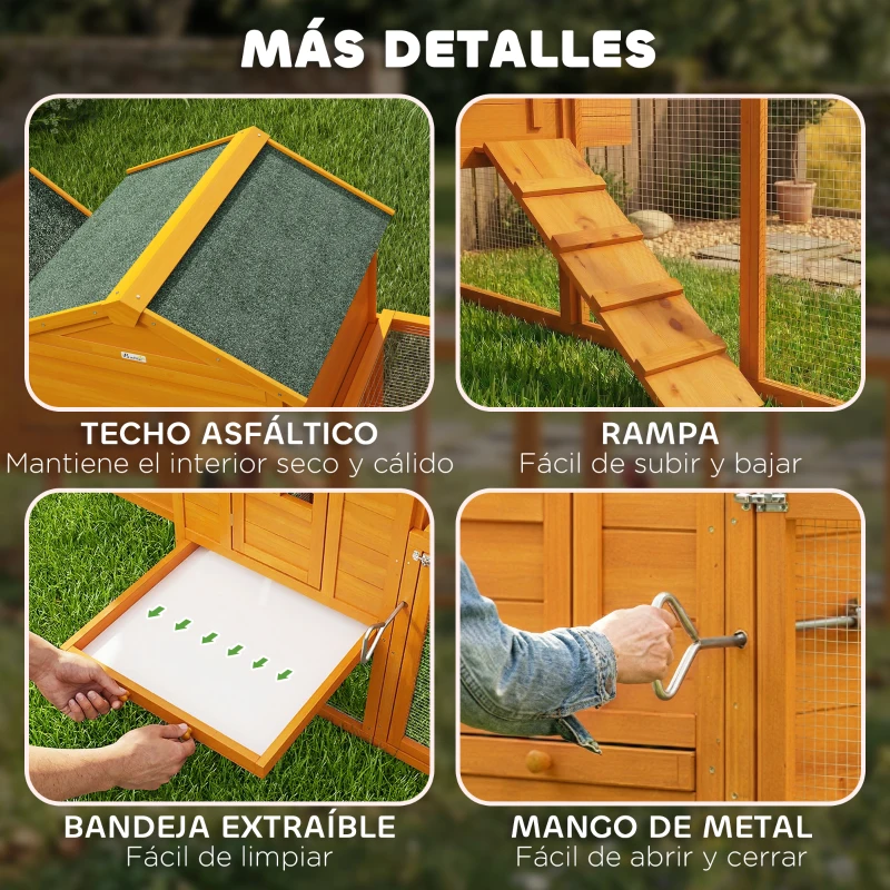 PawHut Gallinero de Madera Grande para 3-6 Gallinas con Techo Asfáltico Nido y Bandeja Extraíble 297,5x68x118 cm Natural