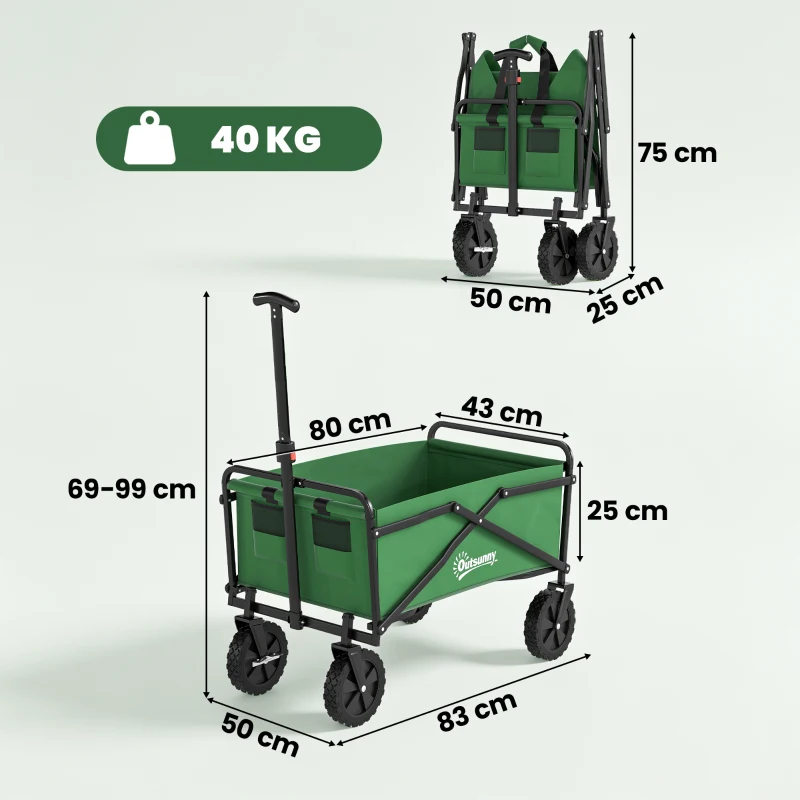 Outsunny Carro Plegable Carretilla de Transporte con Mango Ajustable Rueda Universal Freno para Jardín Camping Marco Acero Carga 40 kg 83x50x69-99 cm