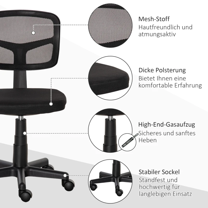 Vinsetto Bureaustoel Ergonomische Bureaustoel, Verstelbare Draaistoel, Ruimtebesparend Zwart