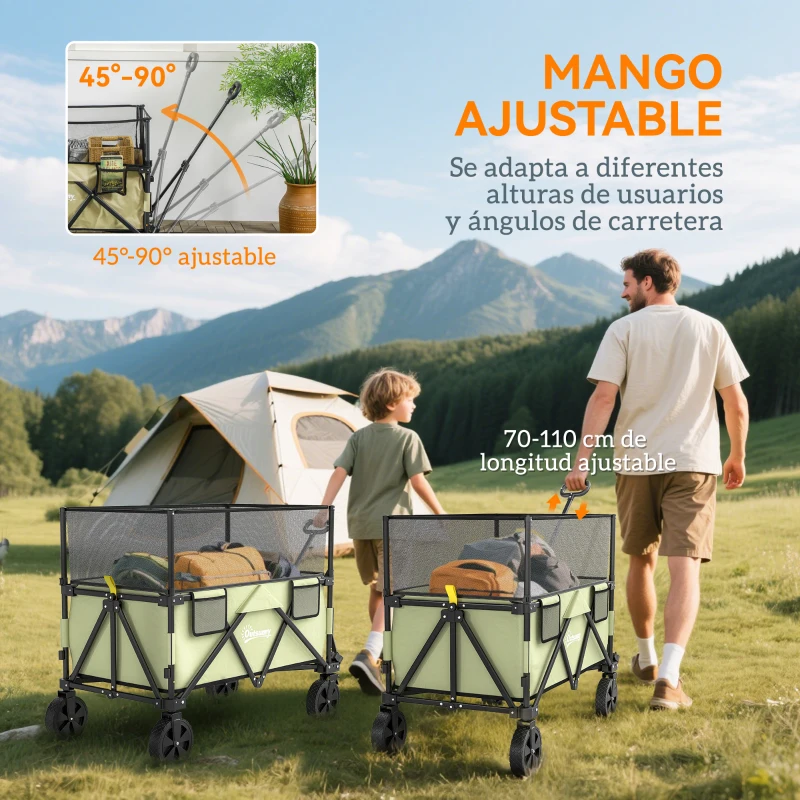 Outsunny Carro Plegable 180 L con Longitud y Ángulo del Mango Ajustables y Paredes Laterales Extensibles Carga 120 kg Caqui